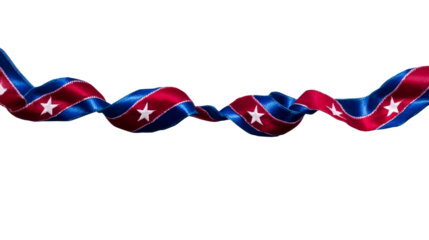 Long wavy blue and red satin ribbon with white stars, cut out transparent