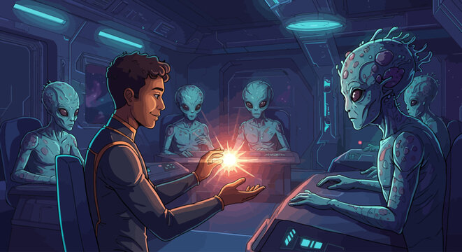 A human interacts with aliens on a spaceship, holding a glowing object in his hand, surrounded by the extraterrestrial beings.