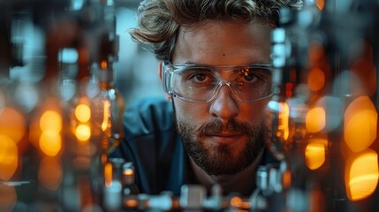 Bearded man in safety glasses examines glowing, complex machinery