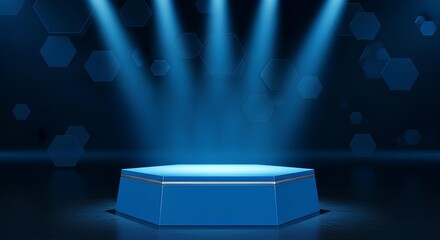 A blue hexagonal stage illuminated by spotlights against a dark background