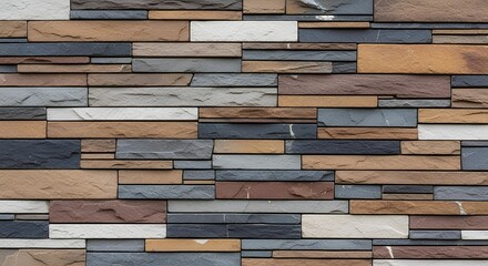 A close up of a wall made of different colored stone bricks and textures