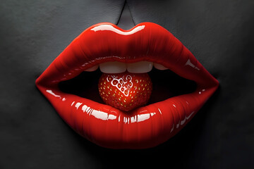 Seductive red lips, alluring mood, holding strawberry, captivating close-up with artistic flair and copy space