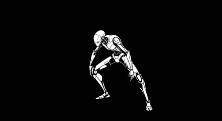 A stylized, white robot figure crouches low against a stark black background, its form angular and articulated.