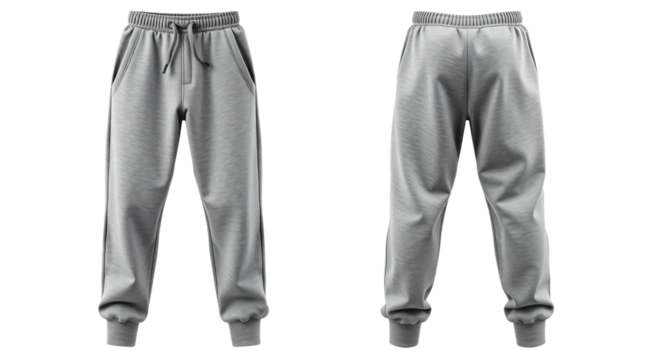Grey sweatpants in front and back view, mockup isolated on transparent background