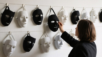 A faceless person reaching for a mask in a room filled with masks, symbolizing internal conflict and the fear of not being good enough