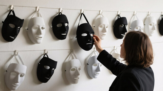 A faceless person reaching for a mask in a room filled with masks, symbolizing internal conflict and the fear of not being good enough