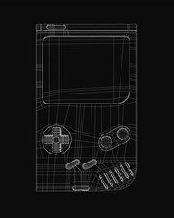 Black and white blueprint of a video game console with detailed wireframe components including joystick, buttons, and internal layout. The technical illustration highlights the classic gaming console.