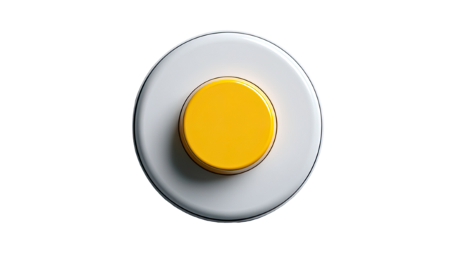 A top-down view of a bright yellow circular button centered on a larger, off-white circle.  The button and surrounding circle have a smooth, glossy surface