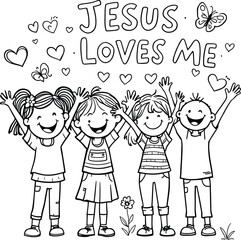 Jesus loves me coloring page for kids christian religious illustration drawing activity sheet printable art silhouette