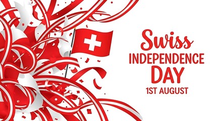 Swiss Independence Day Celebration with Flag, Ribbons, and Confetti on White Background
