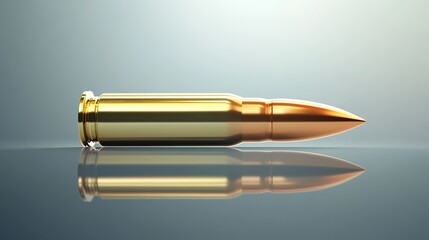 A close-up of a shiny, golden bullet cartridge lying on a reflective surface with a soft gradient background.