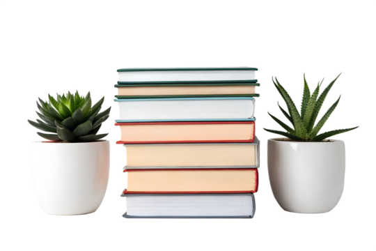 A neat pile of hardcover books flanked by two potted succulent plants against a pure white background, symbolizing knowledge and natural growth.