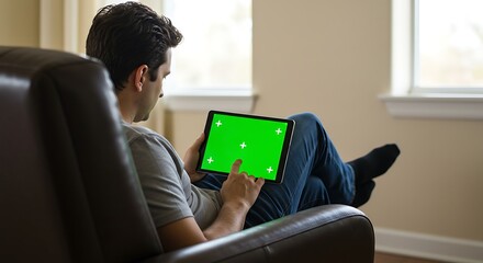 A man relaxing on a couch, using a tablet with a green screen.