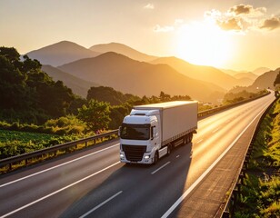 Cargo Truck on Highway at Sunset with Mountain Background – Photorealistic Korean Landscape Scene