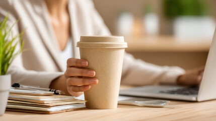 Woman Holding Kraft Cup While Working at Wooden Desk with Laptop