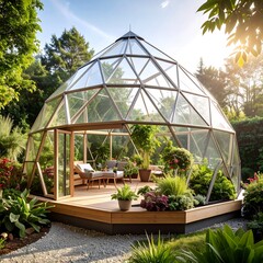 Modern glass geodesic dome greenhouse
