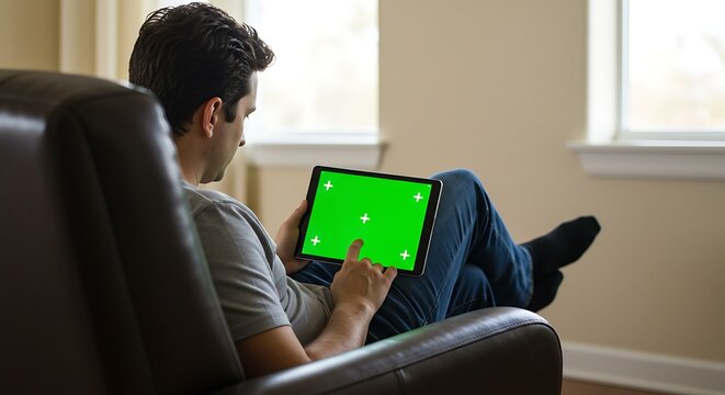 A man relaxing on a couch, using a tablet with a green screen.