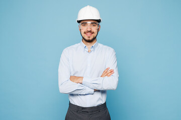 Young architect engineer designer employee man wear white clothes shirt hardhat protective glasses...
