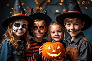 Obraz premium Four children dressed in Halloween costumes, three wearing witch hats, one holding a carved pumpkin, with painted faces, standing together in a festive atmosphere.