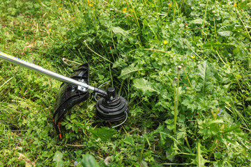 Close-up of grass trimmer cutting overgrown weeds and dandelions in backyard. Concept of garden...