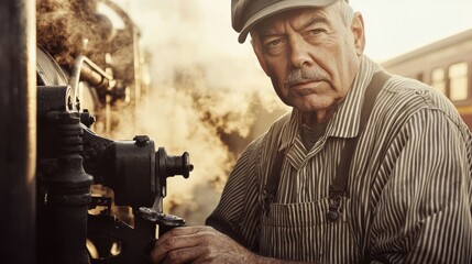 coupling mechanism inspection by railway engineer steam train connection vintage overalls cap atmospheric background locomotive cars industrial transportation heritage examining hands
