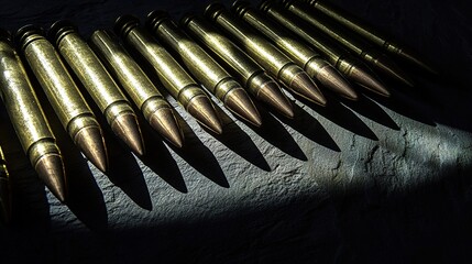Close-up image of several brass rifle bullets aligned on a dark surface casting sharp shadows.