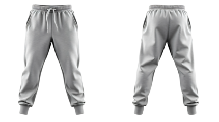 Grey sweatpants in front and back view, mockup isolated on transparent background