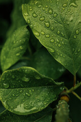 Close-up of large green leaves with visible raindrops. Lush garden foliage in fresh natural light...