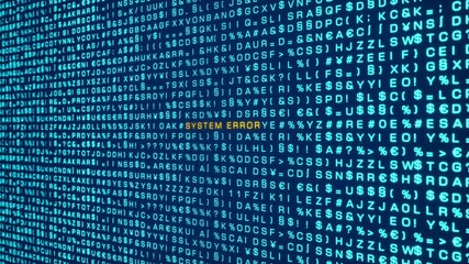System error, computer warning sign. Random letters, signs, computer code, bits and bytes. System message, malfunction, network security, failure, computer problems. 3D animation - Powered by Adobe