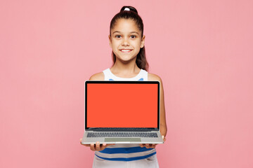 Traveler IT kid child wear casual clothes use blank screen laptop pc computer isolated on plain...