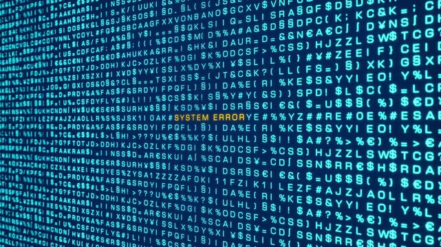 System error, computer warning sign. Random letters, signs, computer code, bits and bytes. System message, malfunction, network security, failure, computer problems. 3D animation