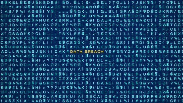 Data breach, computer warning sign. Random letters, signs, computer code, bits and bytes. System message, cyber attack, threat, network security, virus, computer crime. 3D animation
