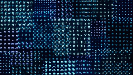 Encryption, random code and signs, computer language, computer crime. Bits and bytes, system, malfunction, problem, science, technology. 3D animation - Powered by Adobe