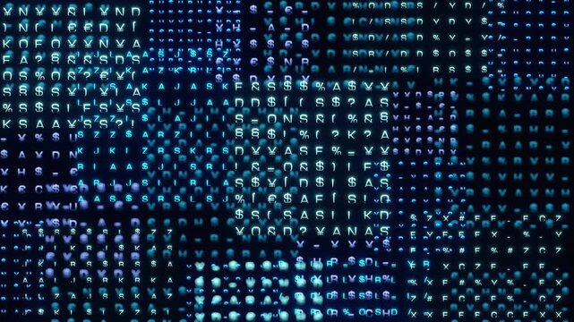 Encryption, random code and signs, computer language, computer crime. Bits and bytes, system, malfunction, problem, science, technology. 3D animation