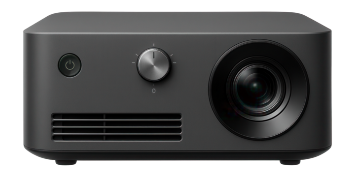 Short throw projector with a matte finish and keystone correction dial for flexible placement in meeting rooms