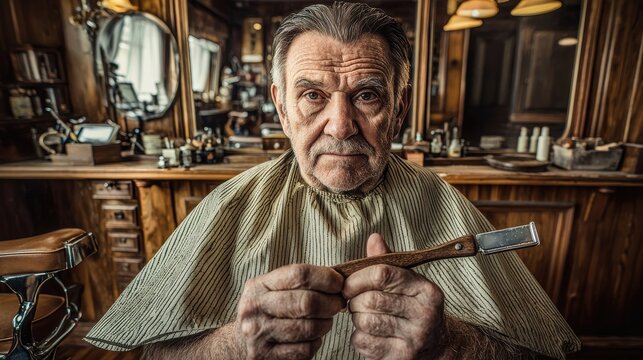 Vintage barber shop professional barber portrait straight razor traditional tools atmospheric lighting authentic setting