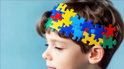A young boy with autism wearing a colorful puzzle piece headband, showcasing acceptance and understanding of neurodiversity. - Powered by Adobe