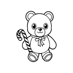 A cute cartoon teddy bear outline holding a candy cane, isolated on a white background, perfect for coloring or design.