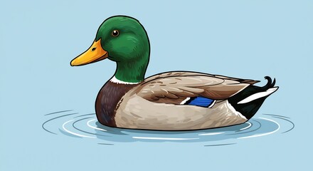 穏やか水面を優雅に泳ぐ雄鴨 鮮やかな羽根 水彩風イラスト. AI Generated