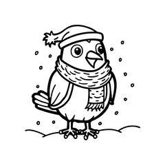 A cartoon bird wearing a winter hat and scarf stands in the snow with snowflakes falling around it, outlined in black and white.