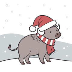 Cartoon illustration of a grey bull wearing a red Santa hat and striped scarf standing in a snowy landscape with falling snowflakes.