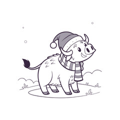 Cartoon illustration of a cute ox wearing a Santa hat and scarf, standing on a snowy ground, with snowflakes falling.