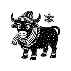 A black and white cartoon illustration of a bull wearing a winter hat and scarf, with a snowflake in the background.