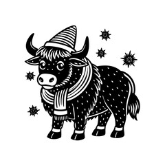 A cartoon yak wearing a striped hat and scarf stands amid falling snowflakes, depicted in a black and white illustration.