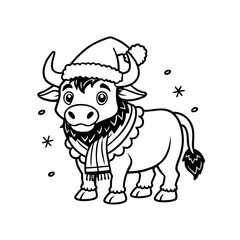 Cartoon ox wearing a Santa hat and scarf, surrounded by snowflakes, in a black and white illustration.