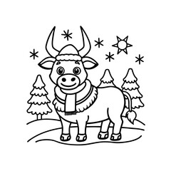 Cartoon ox wearing a hat and scarf stands in a snowy winter landscape with fir trees and snowflakes.