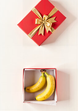 Humor. Red gift box with gold ribbon and bananas inside for Black Friday