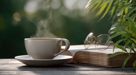 Steaming coffee cup saucer open book eyeglasses wooden table morning sunlight green foliage peaceful outdoor mood
