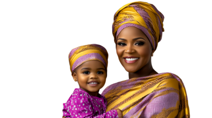 Joyful Black mother and daughter in colorful African attire, cut out transparent