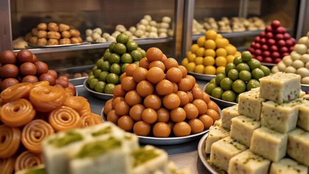 Traditional sweets displayed in food market counter